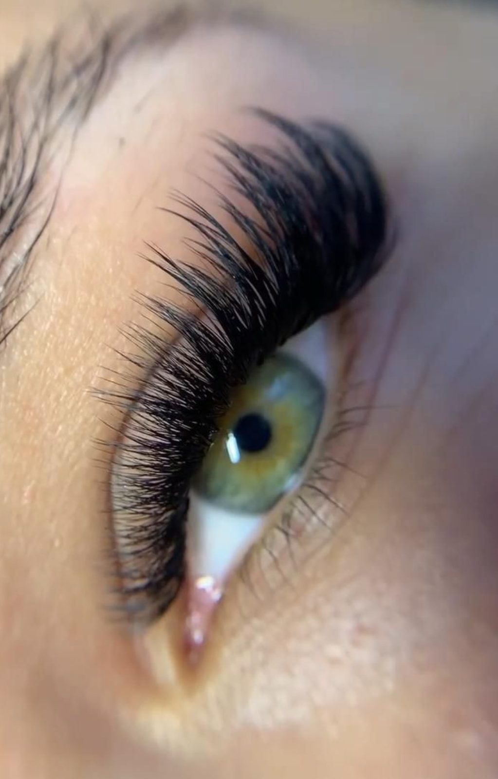 Volume lash extensions on a green eye, side view
